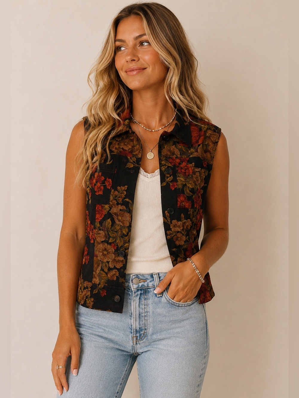 Vintage Jones NY Country Floral Print Vest Equestrian Fall Size 10